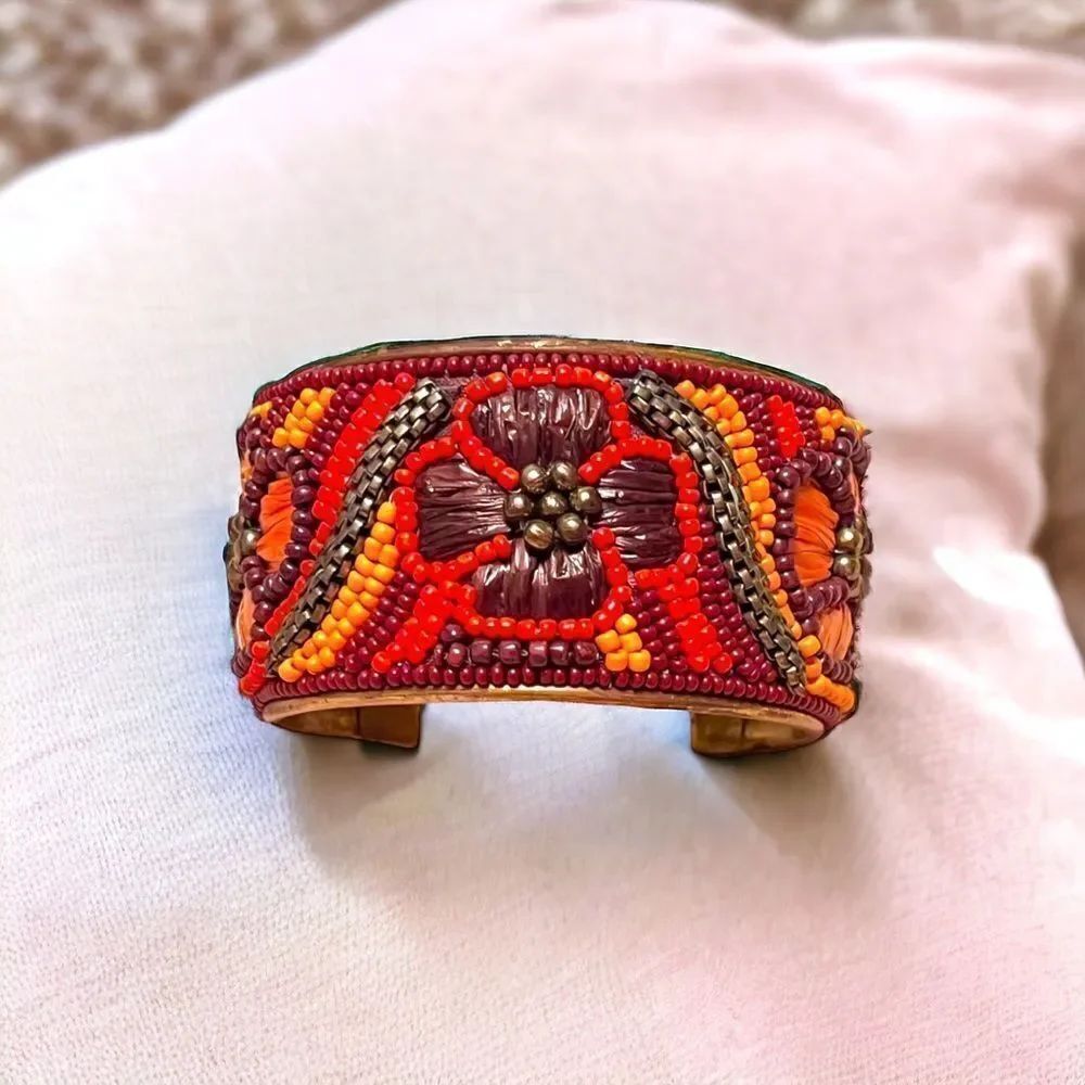 Stephan & CO Floral Orange Brown Beaded Bangle NWOT